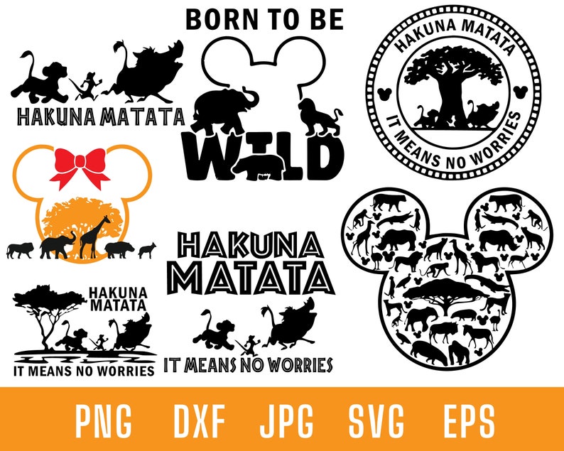 May include: Black and white digital design featuring the phrase "Hakuna Matata" with a Mickey Mouse silhouette filled with various animals. The phrase "It means no worries" is also included.