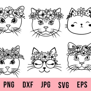 May include: Set of six black and white digital clipart images of cats wearing flower crowns. The cats have different facial expressions and some are wearing glasses.
