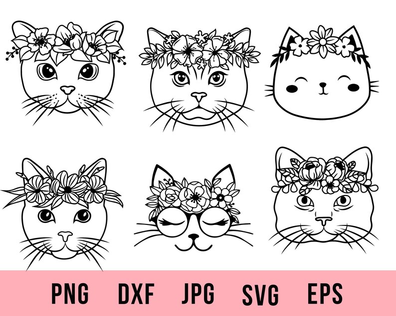 May include: Set of six black and white digital clipart images of cats wearing flower crowns. The cats have different facial expressions and some are wearing glasses.