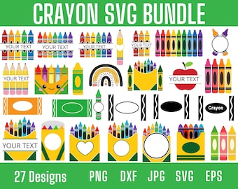 Op de afbeelding: Een set van 27 SVG-ontwerpen met een krijt-thema, waaronder een regenboog, een doos met krijt, een krijt met een hart en een krijt met een smiley. De ontwerpen zijn perfect voor knutselen, scrapbooking en andere creatieve projecten.