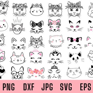 May include: A set of 30 black and white cat head illustrations with various accessories, including flowers, bows, crowns, and glasses. The cat heads are all facing forward and have different expressions.