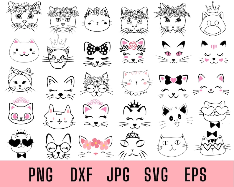 May include: A set of 30 black and white cat head illustrations with various accessories, including flowers, bows, crowns, and glasses. The cat heads are all facing forward and have different expressions.