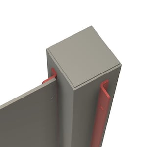May include: A gray concrete fence post with a red metal bracket attached to the side. The post is square and has a flat top.