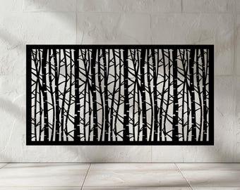 May include: Black metal wall decor featuring a silhouette of a forest with many trees. The design is intricate and detailed, creating a modern and stylish look.