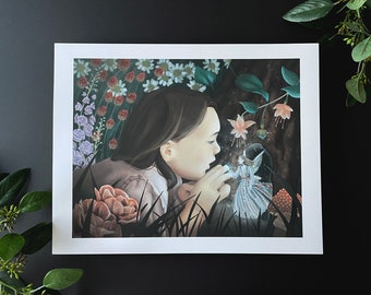 In de tuin | art print, fee, bloemen, Tuin, sprookjestuin, sprookje, sprookjeskunst, feeënkunst, fantasiekunst, grillig, gezellig, aquarel