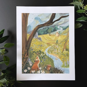 Meadow | art print, nature landscape, fox painting, cottage, cottagecore, cozy art, wild nature illustration, woodland animal print