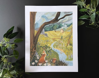 Meadow | art print, nature landscape, fox painting, cottage, cottagecore, cozy art, wild nature illustration, woodland animal print