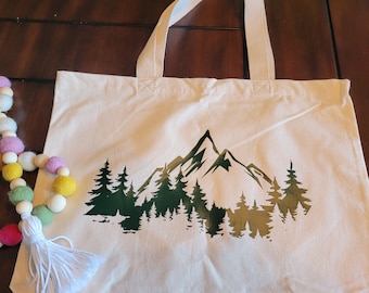 Mountain & Tree Silhouette Canvas Tote Bag, Reusable Canvas Shopping Bag, Large capacity tote bag with vinyl decal