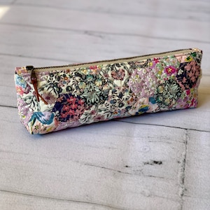 Hand quilted Liberty hexagon pencil case purple tones