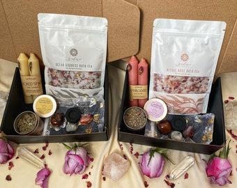 Self-care Ritual gift box w/ beeswax candles, spiritual bath salts/tea, herbal ritual incense, & crystals