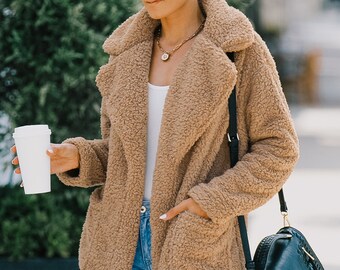hooded open front fluffy teddy coat