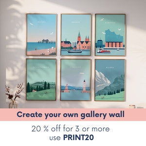 May include: A gallery wall of six framed prints featuring colorful illustrations of German cities and landscapes. The prints are arranged in two rows of three. The top row features Ostsee, Bremen, and Hamburg. The bottom row features Schwarzwald, Bodensee, and Allgau. The text "Create your own gallery wall" and "20% off for 3 or more use PRINT20" is displayed below the prints.