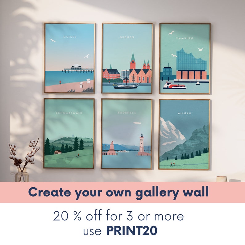 May include: A gallery wall of six framed prints featuring colorful illustrations of German cities and landscapes. The prints are arranged in two rows of three. The top row features Ostsee, Bremen, and Hamburg. The bottom row features Schwarzwald, Bodensee, and Allgau. The text "Create your own gallery wall" and "20% off for 3 or more use PRINT20" is displayed below the prints.