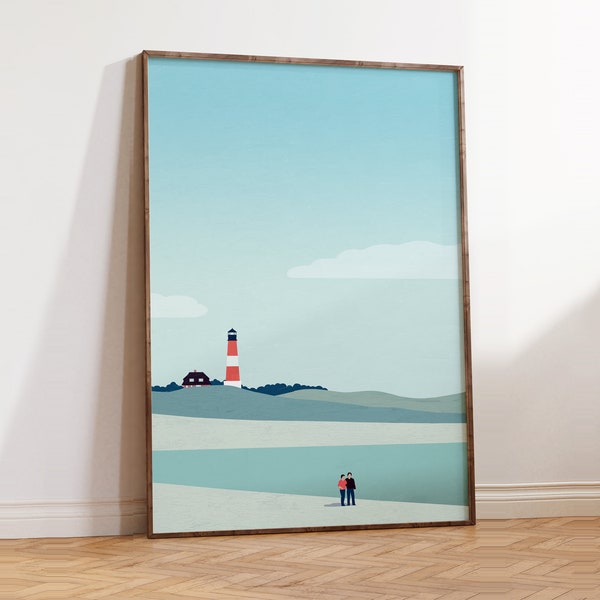 Affiche de plage, image de phare, décoration de paysage maritime au design minimaliste
