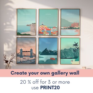 May include: Six framed travel art prints featuring destinations: Portugal, Lisbon, Mallorca, London, Norway, and Hawaii. Each print has a minimalist design with location names. The text "Create your own gallery wall" and "20% off for 3 or more use PRINT20" is also visible.