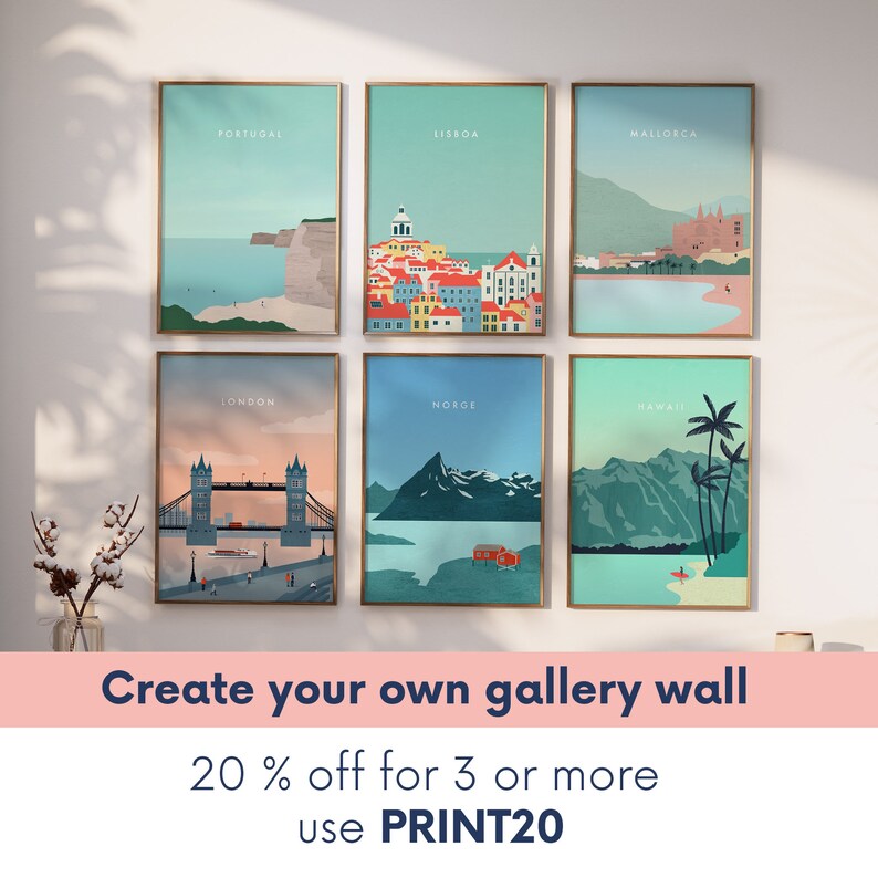 May include: Six framed travel art prints featuring destinations: Portugal, Lisbon, Mallorca, London, Norway, and Hawaii. Each print has a minimalist design with location names. The text "Create your own gallery wall" and "20% off for 3 or more use PRINT20" is also visible.