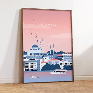 Stylish Istanbul Poster – Modern Wall Art with Mosque, Sea & Boat – Skyline Decor, Travel Souvenir, Turkey Gift