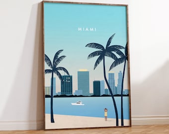 Puede incluir: Una ilustración minimalista del horizonte de Miami con dos palmeras en primer plano. El cielo es azul claro y los edificios son azul oscuro. El texto "MIAMI" está impreso en blanco en la parte superior de la imagen.