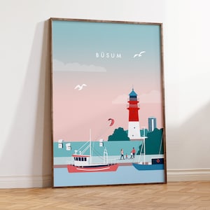 May include: A colorful illustration of a lighthouse, boats, and people walking along a waterfront. The text "BÜSUM" is at the top of the image.