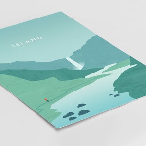 May include: A print featuring a minimalist landscape with the word "ISLAND" in white. The artwork depicts a person in an orange jacket walking on a path, with mountains, a waterfall, and a river in shades of green and blue.
