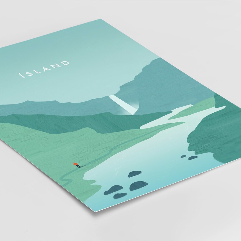 May include: A print featuring a minimalist landscape with the word "ISLAND" in white. The artwork depicts a person in an orange jacket walking on a path, with mountains, a waterfall, and a river in shades of green and blue.