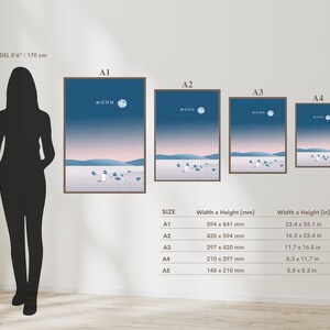 K&ouml;nnte beinhalten: Eine Vergleichstabelle mit f&uuml;nf verschiedenen Gr&ouml;&szlig;en von Drucken, die von A1 bis A5 gekennzeichnet sind, mit den Abmessungen in Millimetern und Zoll. Jeder Druck zeigt ein minimalistisches Design eines Mondes und einer kleinen Figur, die &uuml;ber eine Landschaft geht.