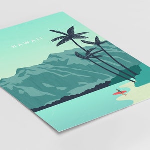 May include: A teal and blue illustration of a mountain range with palm trees in the foreground. The text "HAWAII" is in the upper left corner. A person is surfing on a red surfboard in the water.