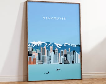 Póster de Vancouver con horizonte y montañas: arte mural moderno, impresión de paisaje urbano para sala de estar u oficina