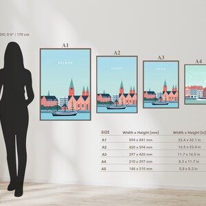 May include: A comparison of five different sizes of art prints featuring a colorful illustration of the Bremen skyline. The prints are labeled A1, A2, A3, A4, and A5. The dimensions of each print are listed in millimeters and inches.