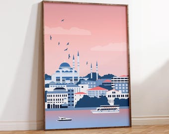 Póster de Estambul: Arte mural minimalista de Turquía, ilustración del horizonte, impresión artística del Bósforo, paisaje urbano moderno, idea de regalo