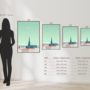 May include: A chart showing the different sizes of prints available for a poster of the Vienna skyline. The poster features a green background with a stylized illustration of the city's skyline, including the St. Stephen's Cathedral. The sizes are listed as A1, A2, A3, A4, and A5, with their corresponding dimensions in millimeters and inches.