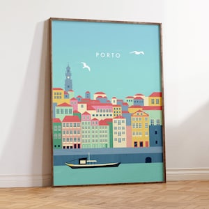 Cartel de Oporto, cartel de Portugal, imagen de las ciudades de Oporto en diseño minimalista