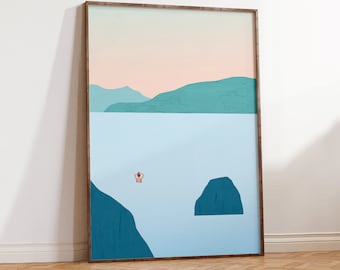 Lake Poster, Swimming Print, Summer landscape minimalist design