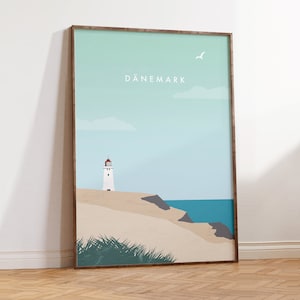 Cartel de Dinamarca - Ilustración minimalista del faro | Arte de pared escandinavo | Estampado de paisaje costero