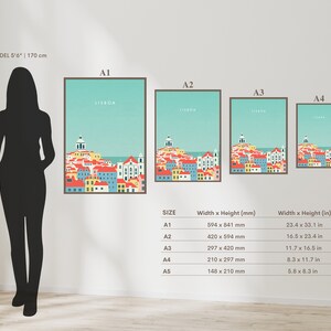 May include: Framed art prints of Lisbon city, featuring colorful buildings and the word "LISBOA" at the top. The prints are in A1, A2, A3, and A4 sizes, with dimensions listed in inches and millimeters. The model's height is 5'6" (170 cm).