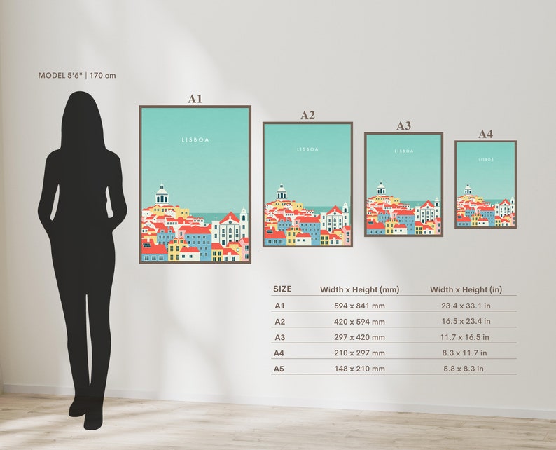 May include: Framed art prints of Lisbon city, featuring colorful buildings and the word "LISBOA" at the top. The prints are in A1, A2, A3, and A4 sizes, with dimensions listed in inches and millimeters. The model's height is 5'6" (170 cm).