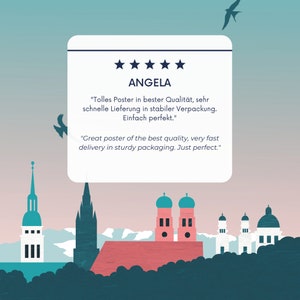 May include: A poster design featuring a cityscape silhouette with various buildings in shades of white, red, and blue. The design includes a review card with the name "ANGELA" and a customer review in English and German.