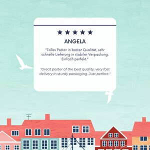 May include: Five star review for a poster with text in both English and German. The text reads "Tolles Poster in bester Qualit&auml;t, sehr schnelle Lieferung in stabiler Verpackung. Einfach perfekt." and "Great poster of the best quality, very fast delivery in sturdy packaging. Just perfect."