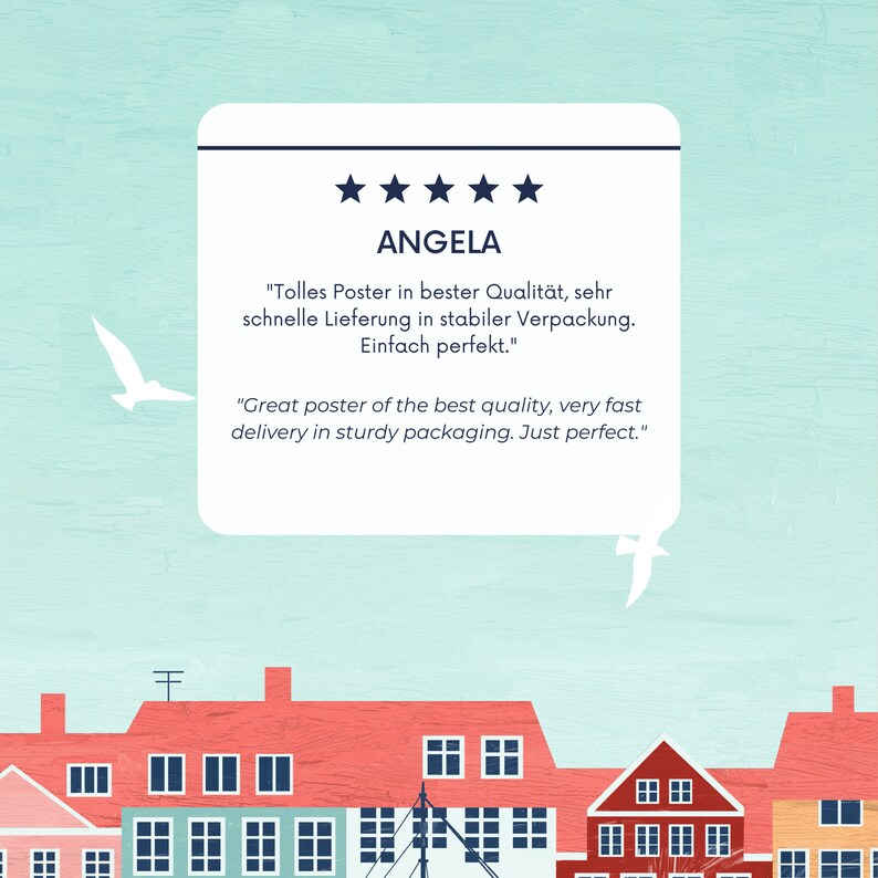 May include: Five star review for a poster with text in both English and German. The text reads "Tolles Poster in bester Qualit&auml;t, sehr schnelle Lieferung in stabiler Verpackung. Einfach perfekt." and "Great poster of the best quality, very fast delivery in sturdy packaging. Just perfect."