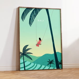 Bali Art Print - Tropical Landscape with Swing, Vintage Style, Vacation Souvenir, Palm Trees, Home Decor Wall Art Poster
