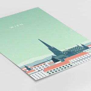 May include: A green and white illustration of the Vienna skyline with the word "WIEN" at the top. The illustration features a tall church steeple and several buildings with red roofs.
