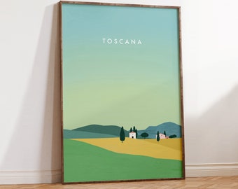 May include: A minimalist illustration of a Tuscan landscape with rolling hills, a small white house, and a few trees. The sky is a gradient of blue and green, and the text "TOSCANA" is printed in white at the top of the image.