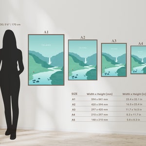May include: Four framed art prints of a landscape scene with a waterfall and river, labeled A1, A2, A3, and A4. The prints are in wooden frames. The text "ISLAND" is at the top of each print. Measurements are provided in inches and millimeters.