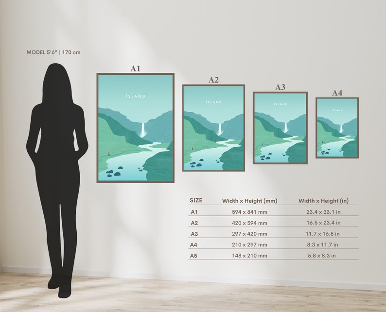 May include: Four framed art prints of a landscape scene with a waterfall and river, labeled A1, A2, A3, and A4. The prints are in wooden frames. The text "ISLAND" is at the top of each print. Measurements are provided in inches and millimeters.