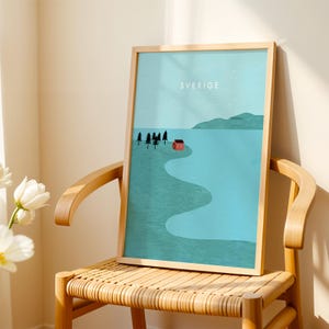Schweden Poster – Skandinavisches Landschaftsbild mit rotem Haus am See | Skandinavien Illustration | Geschenk für Schweden-Fans