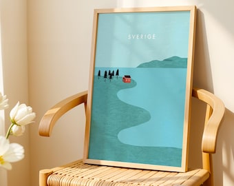 Sweden Poster – Scandinavian Landscape Print with Red Cabin by the Lake | Nordic Wall Art | Gift for Sweden Lovers