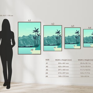 May include: A chart showing the different sizes of a print featuring a tropical landscape with palm trees and mountains. The print is titled "Hawaii". The sizes are listed as A1, A2, A3, A4, and A5. The dimensions are listed in millimeters and inches.