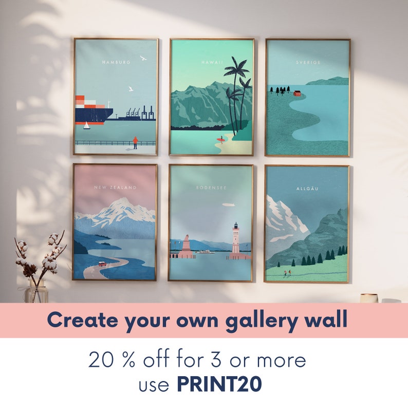 May include: Six framed travel art prints with gold frames, each depicting a different location: Hamburg, Hawaii, Sverige, New Zealand, Bodensee, and Allgau. The prints have a minimalist style with pastel colors. Text on the image reads: "Create your own gallery wall".