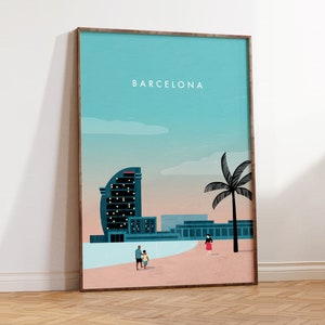 Barcelona Poster, Spain Print, City Poster, Retro Travel Poster, Beach print, Barcelona gift