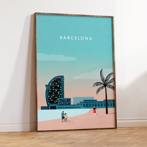 Barcelona Poster, Spain Print, City Poster, Retro Travel Poster, Beach print, Barcelona gift